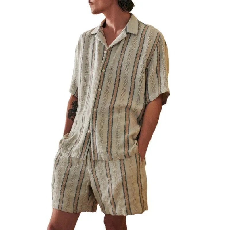Men's Striped Lapel Shirt Shorts Set 59635804Y sold by Manly