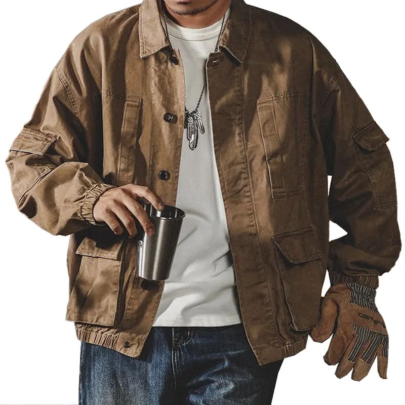 Men's Retro Lapel Multi-pocket Single Breasted Cargo Jacket 66377199Z sold by Manly