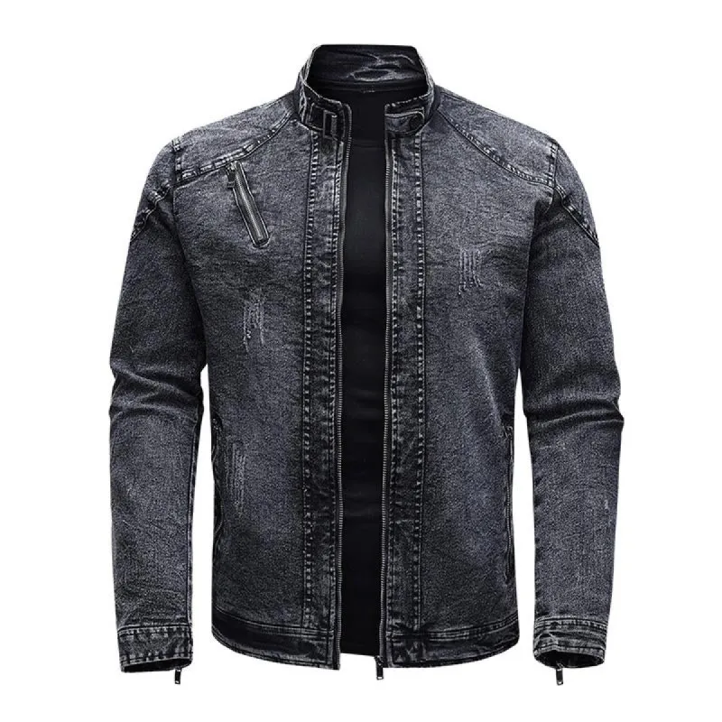 Men's Vintage Stand Collar Stretch Wash Denim Jacket 61904666M sold by Manly