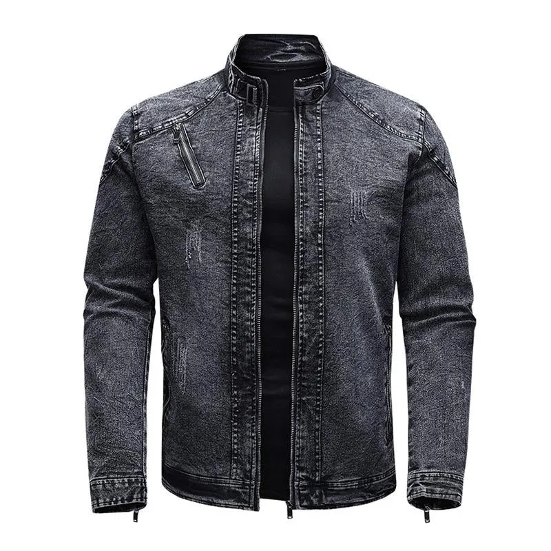 Men's Vintage Stand Collar Stretch Wash Denim Jacket 61904666M sold by Manly