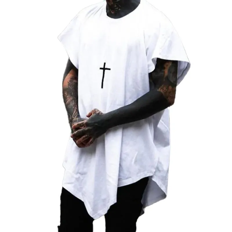 Men's Cross Print Round Neck Irregular Hem Loose Casual T-shirt 41859128Z sold by Manly