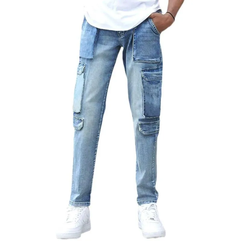 Men's Distressed Washed Straight Multi-pocket Denim Cargo Pants 84164446Z sold by Manly