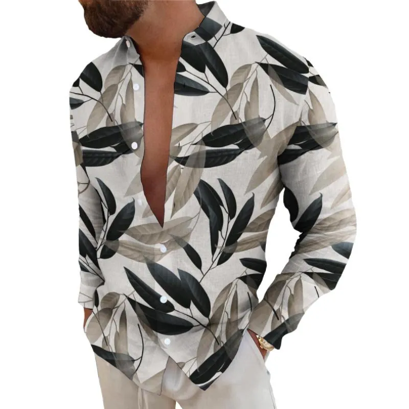 Men's Casual Hawaiian Stand Collar Long Sleeve Shirt 81500349TO sold by Manly