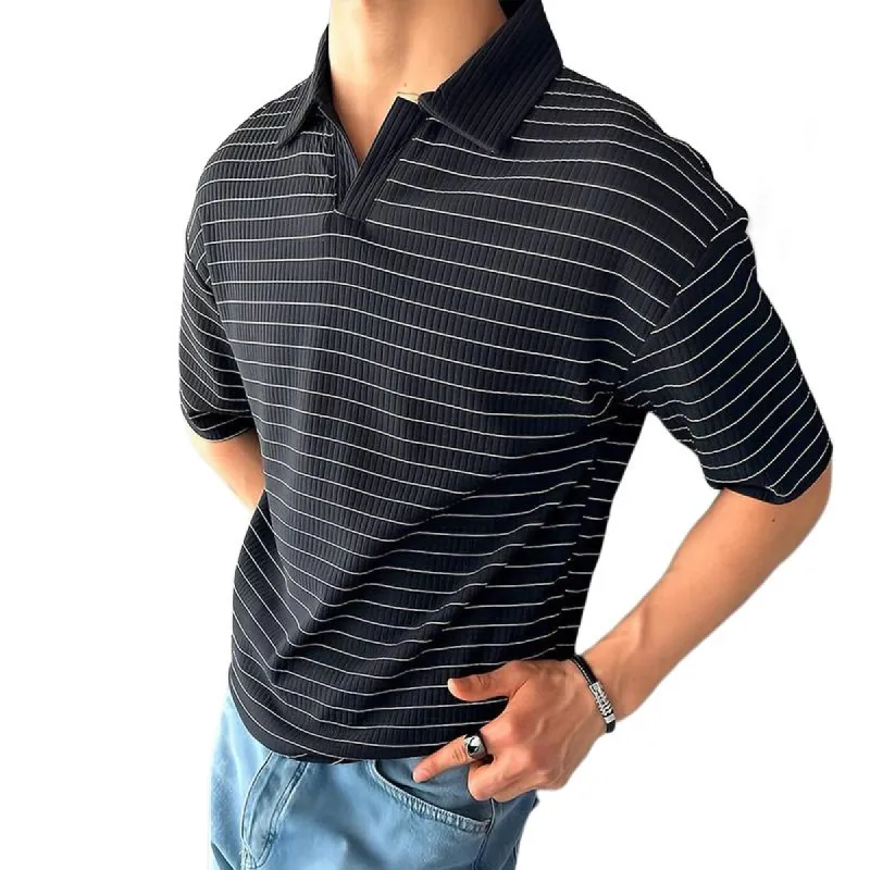 Men's Casual Retro Striped Lapel Short-sleeved T-shirt 39567195TO sold by Manly