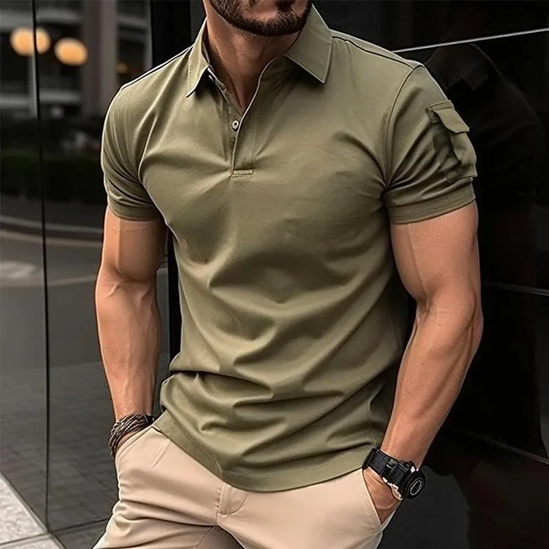 Men's Solid Lapel Sleeve Pocket Short Sleeve Polo Shirt 85665699Z sold by Manly product image thumbnail 3
