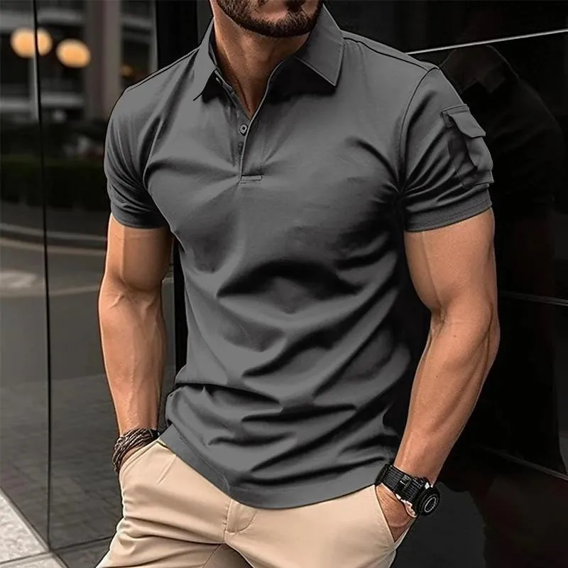 Men's Solid Lapel Sleeve Pocket Short Sleeve Polo Shirt 85665699Z sold by Manly product image thumbnail 4
