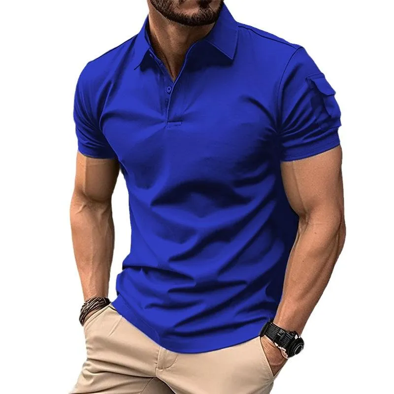 Men's Solid Lapel Sleeve Pocket Short Sleeve Polo Shirt 85665699Z sold by Manly