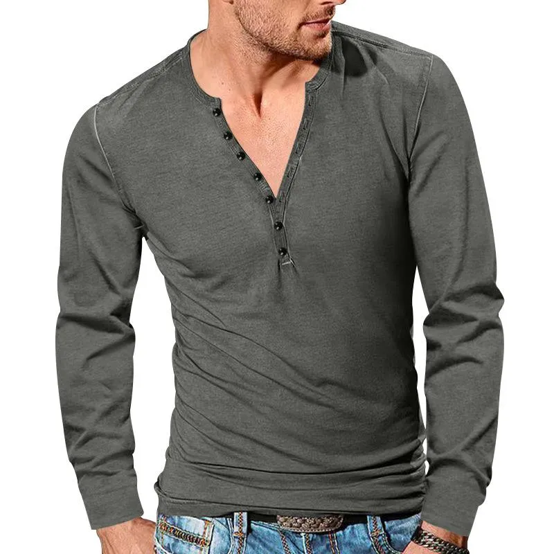 Men's Casual Henley Collar Solid Color Long Sleeve T-Shirt 08938091M sold by Manly