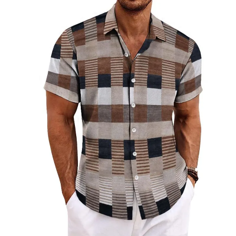 Men's Casual Plaid Lapel Short Sleeve Shirt 62505731TO sold by Manly
