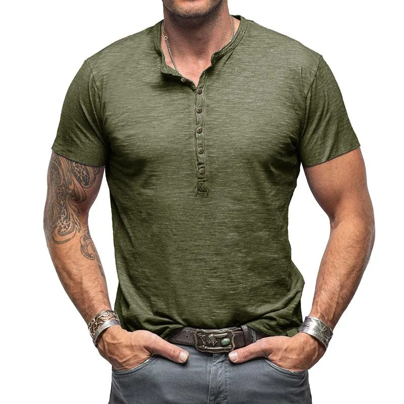 Men's Casual Solid Color Henley Collar Short Sleeve T-Shirt 45227245M sold by Manly