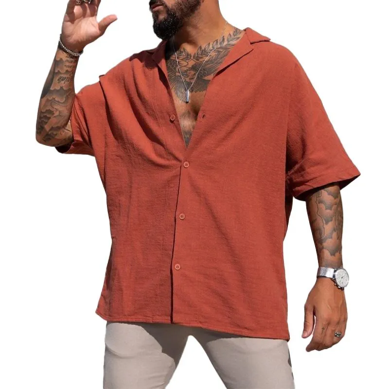 Men's Solid Loose Lapel Short Sleeve Casual Shirt 65499194Z sold by Manly