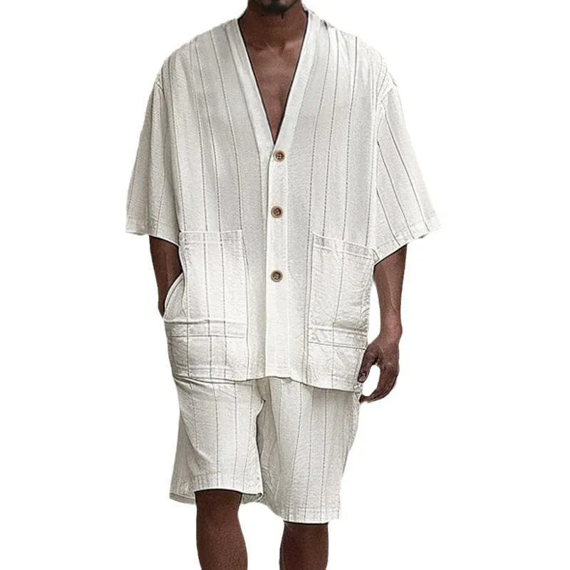 Men's Fashion Loose Striped V Neck Half Sleeve Shirt Shorts Casual Set 32615403Z sold by Manly