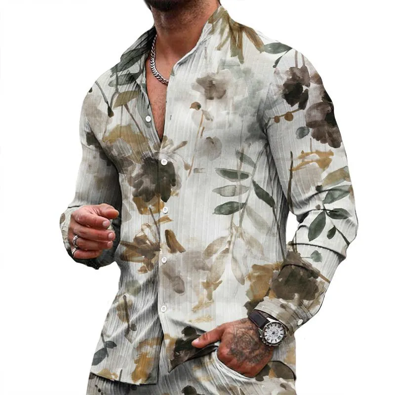 Men's Casual Floral Stand Collar Long Sleeve Shirt 13666785TO sold by Manly