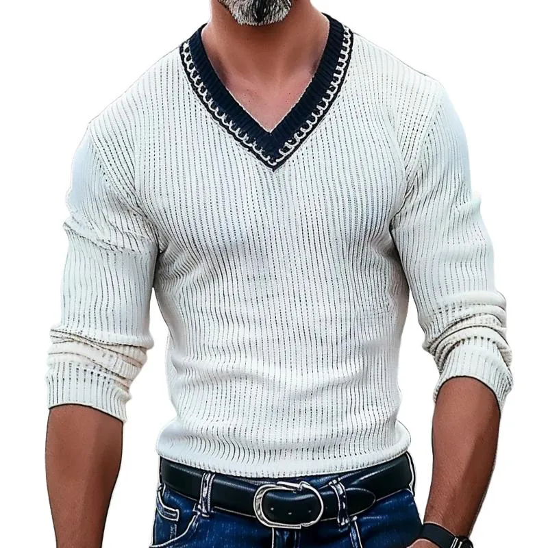 Men's Casual Stitching V-neck Long-sleeved Sweater 37302653TO sold by Manly
