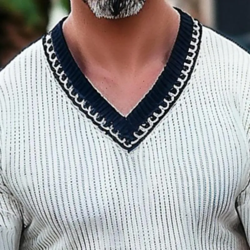 Men's Casual Stitching V-neck Long-sleeved Sweater 37302653TO sold by Manly product image thumbnail 3