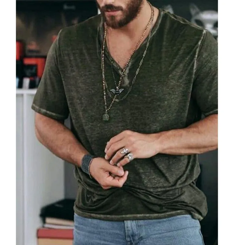 Men's Vintage Solid Color Henley V-Neck Short Sleeve T-Shirt 88076311Y sold by Manly product image thumbnail 2
