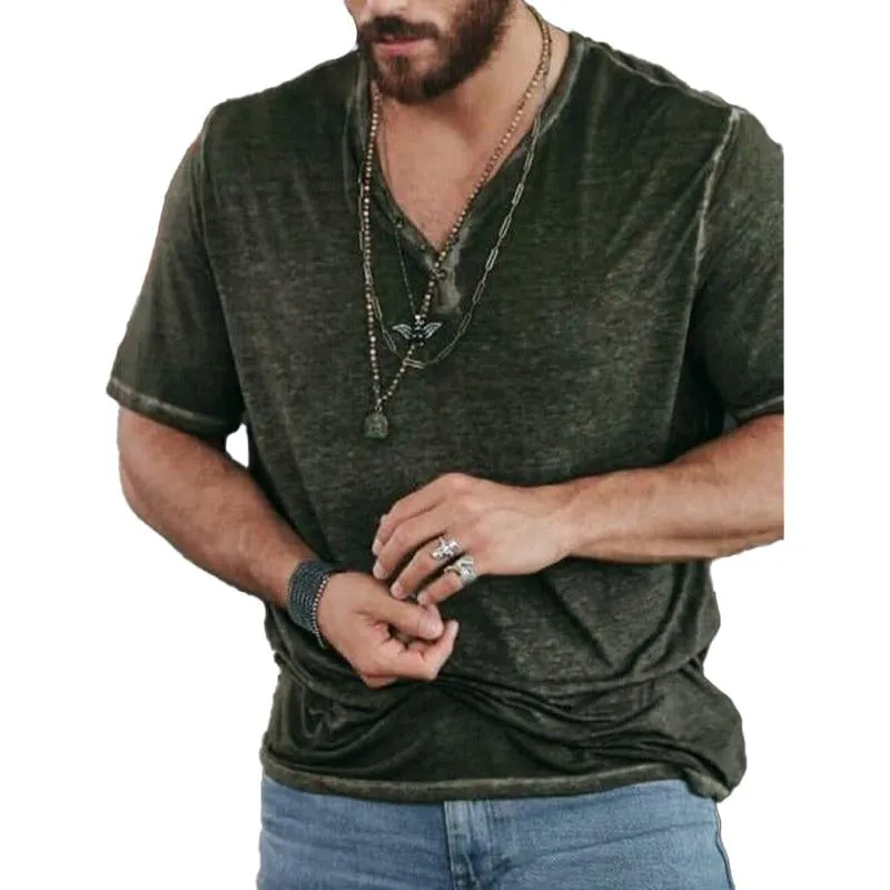 Men's Vintage Solid Color Henley V-Neck Short Sleeve T-Shirt 88076311Y sold by Manly