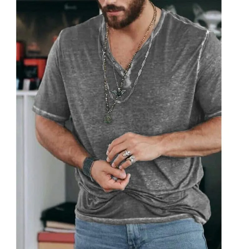 Men's Vintage Solid Color Henley V-Neck Short Sleeve T-Shirt 88076311Y sold by Manly product image thumbnail 3