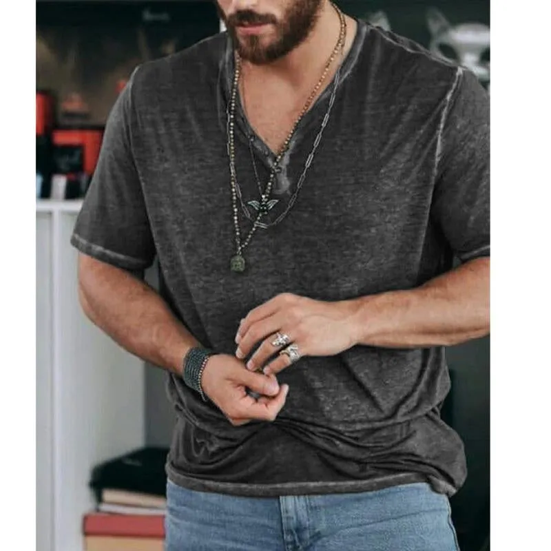 Men's Vintage Solid Color Henley V-Neck Short Sleeve T-Shirt 88076311Y sold by Manly product image thumbnail 4