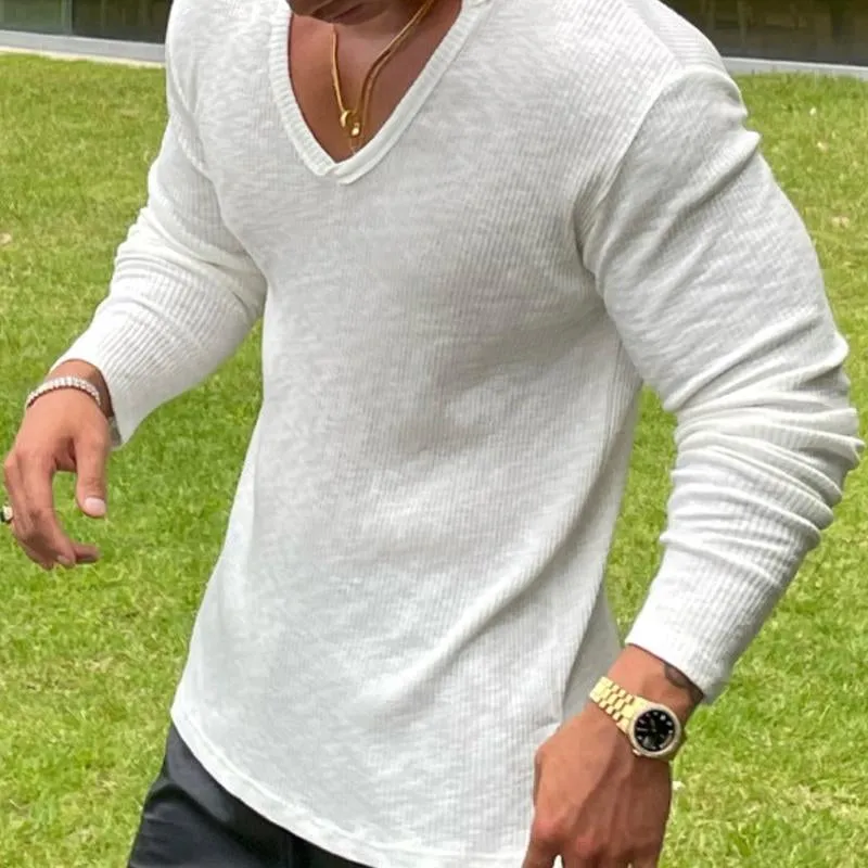 Men's V-neck Long-sleeved Striped Solid Color T-shirt 21770042X sold by Manly product image thumbnail 5