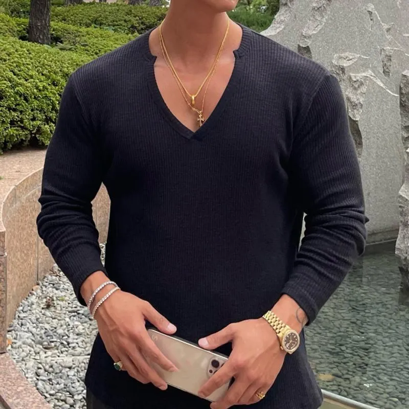 Men's V-neck Long-sleeved Striped Solid Color T-shirt 21770042X sold by Manly product image thumbnail 4