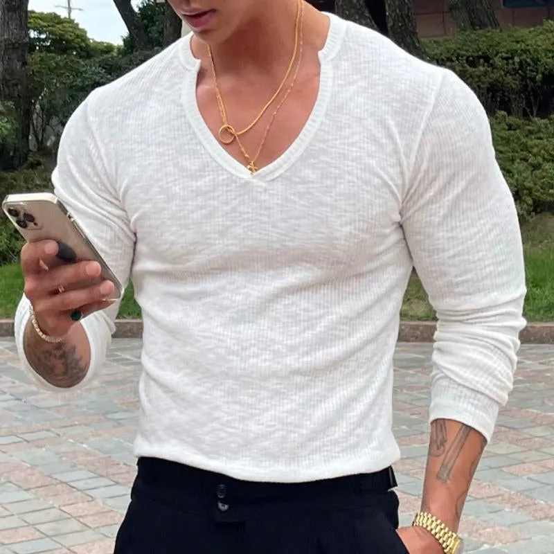 Men's V-neck Long-sleeved Striped Solid Color T-shirt 21770042X sold by Manly product image thumbnail 2