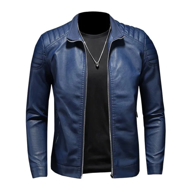 Men's Casual Stand Collar Zipper Slim Leather Jacket 19746853M sold by Manly
