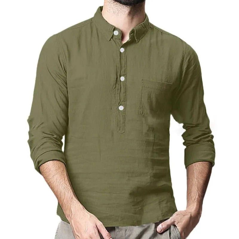 Men's Casual Solid Color Lapel Henley Collar Breast Pocket Long Sleeve Shirt 51791582Y sold by Manly