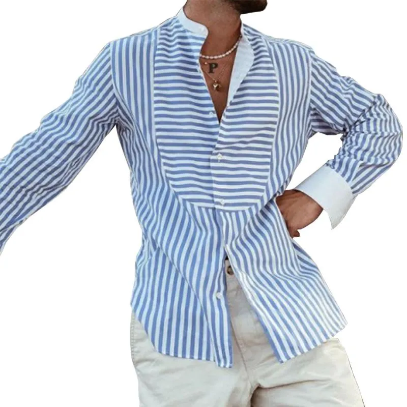 Men's Loose Striped Irregular Stitching Long Sleeve Shirt 50854849M sold by Manly
