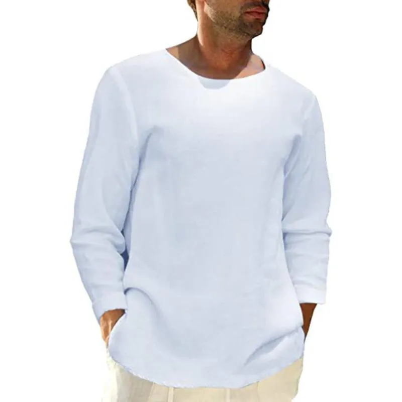 Men's Cotton And Linen Solid Color Loose Long-Sleeved T-Shirt 13863695Y sold by Manly
