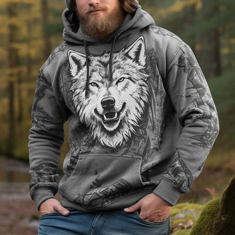 Men's Wolf Print Loose Sports Casual Hoodie 47965749Z sold by Manly product image thumbnail 2