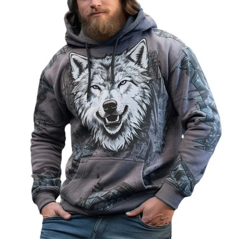 Men's Wolf Print Loose Sports Casual Hoodie 47965749Z sold by Manly