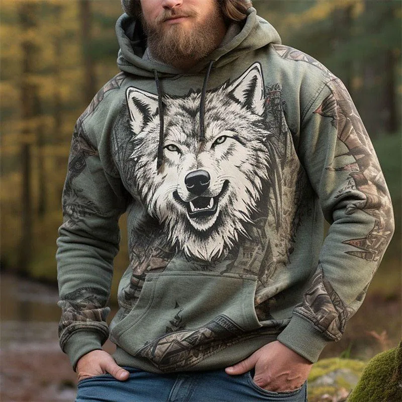 Men's Wolf Print Loose Sports Casual Hoodie 47965749Z sold by Manly product image thumbnail 4