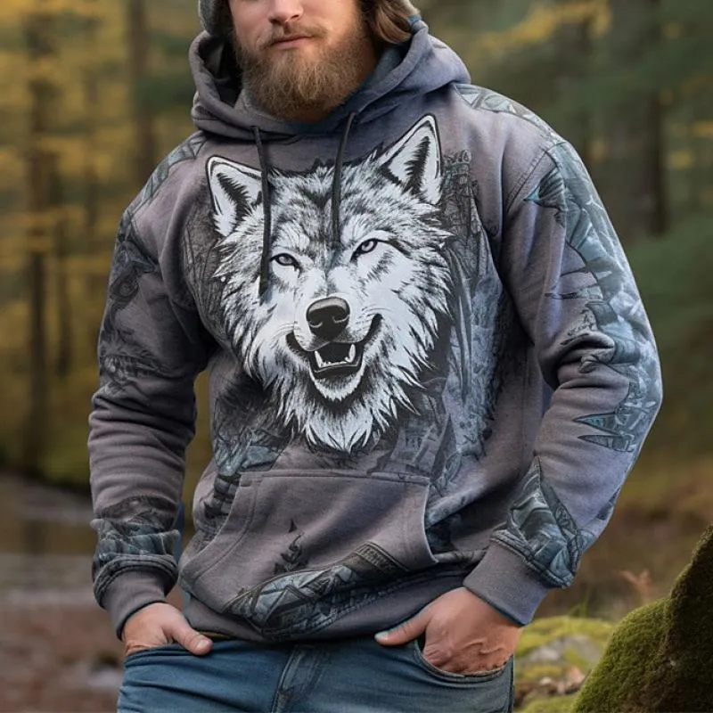 Men's Wolf Print Loose Sports Casual Hoodie 47965749Z sold by Manly product image thumbnail 3