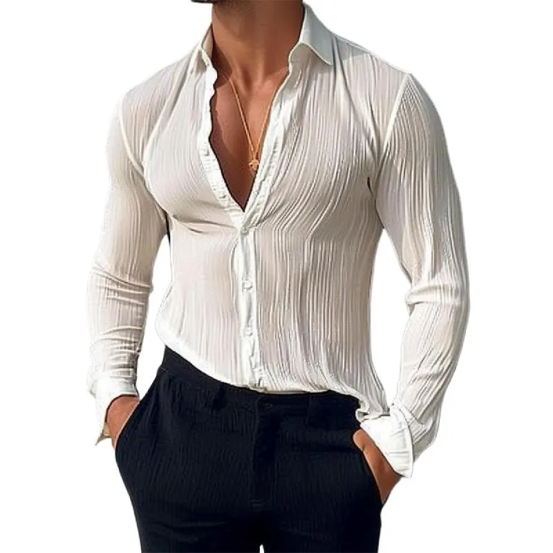 Men's Retro Solid Color Striped Long Sleeve Shirt 84705284TO sold by Manly