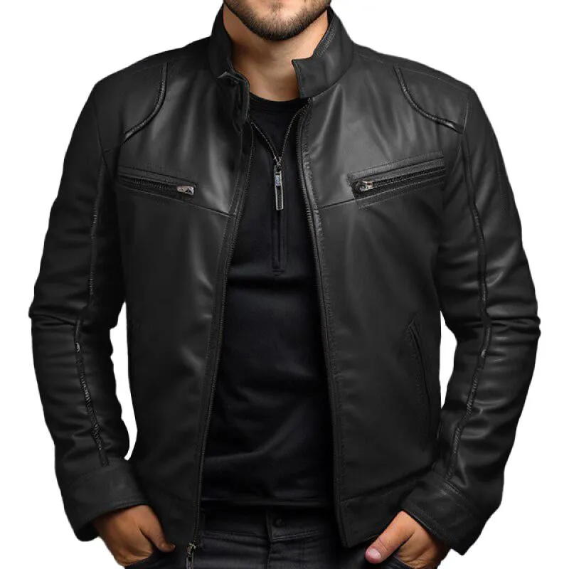 Men's Vintage Stand Collar Zipper Slim Leather Jacket 55238800M sold by Manly