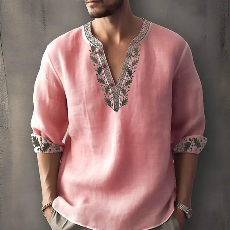 Men's Print Trim V Neck Loose Cotton And Linen Shirt 73330841Z sold by Manly product image thumbnail 5