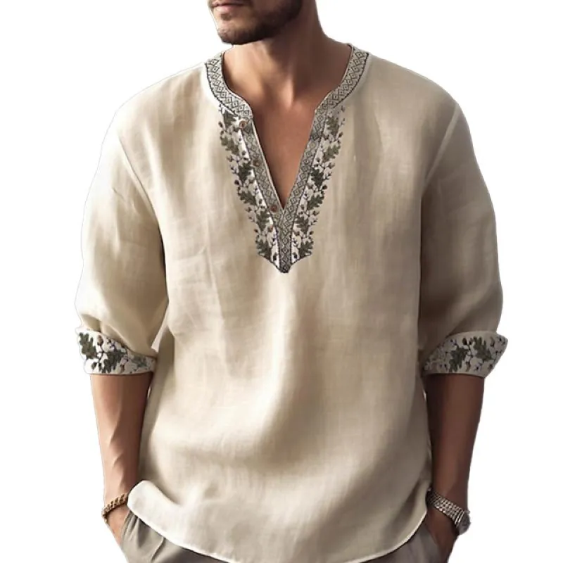 Men's Print Trim V Neck Loose Cotton And Linen Shirt 73330841Z sold by Manly