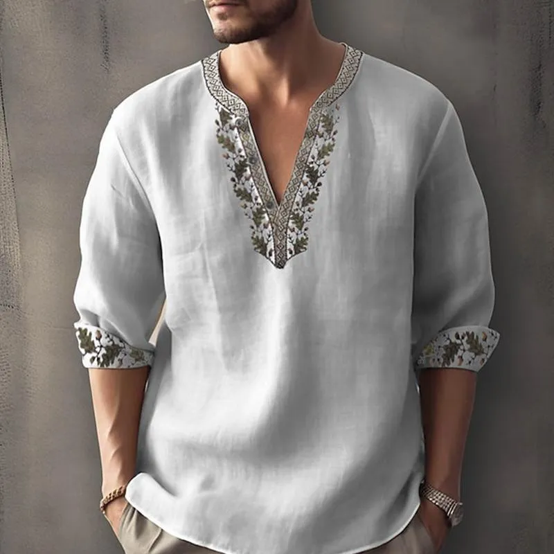 Men's Print Trim V Neck Loose Cotton And Linen Shirt 73330841Z sold by Manly product image thumbnail 3