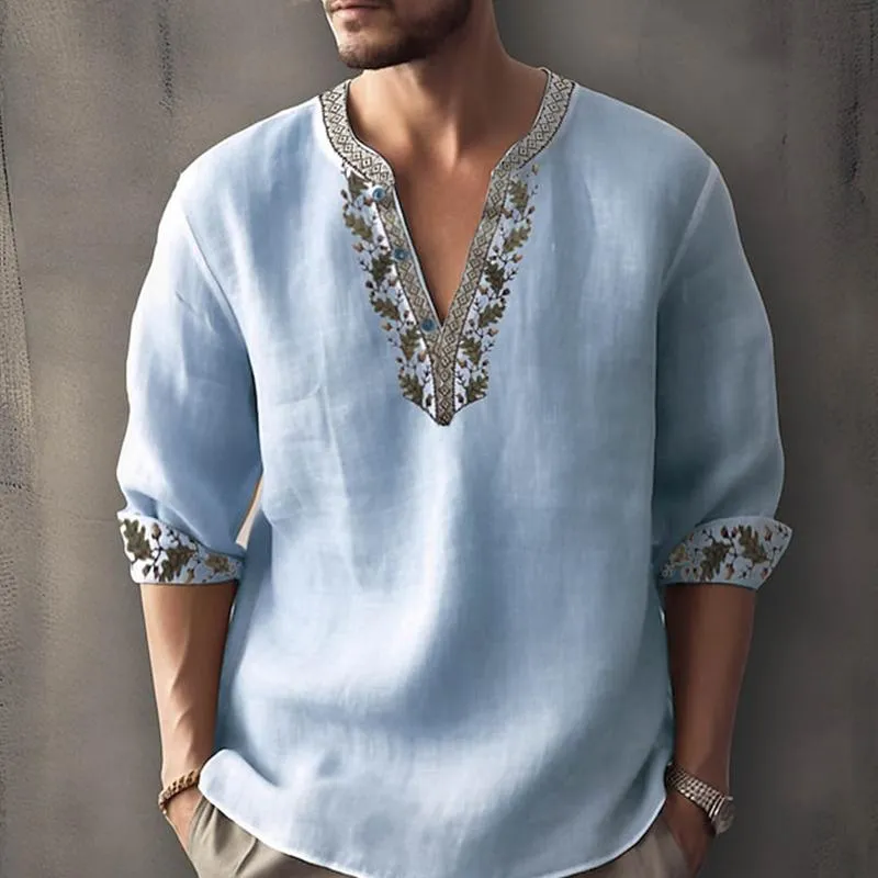 Men's Print Trim V Neck Loose Cotton And Linen Shirt 73330841Z sold by Manly product image thumbnail 4