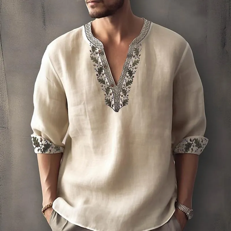 Men's Print Trim V Neck Loose Cotton And Linen Shirt 73330841Z sold by Manly product image thumbnail 2