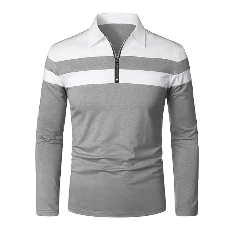 Men's Casual Contrast Stripe Lapel Long Sleeve Polo Shirt 66347176M sold by Manly