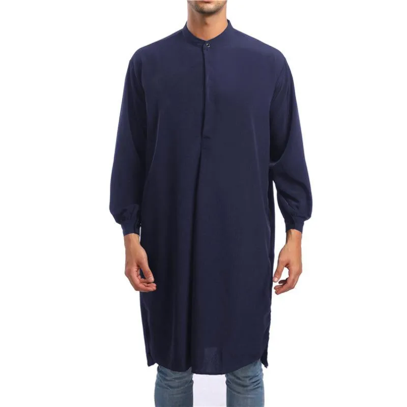 Men's Casual Solid Color Henley Collar Muslim Long Sleeve Shirt 22746016Y sold by Manly