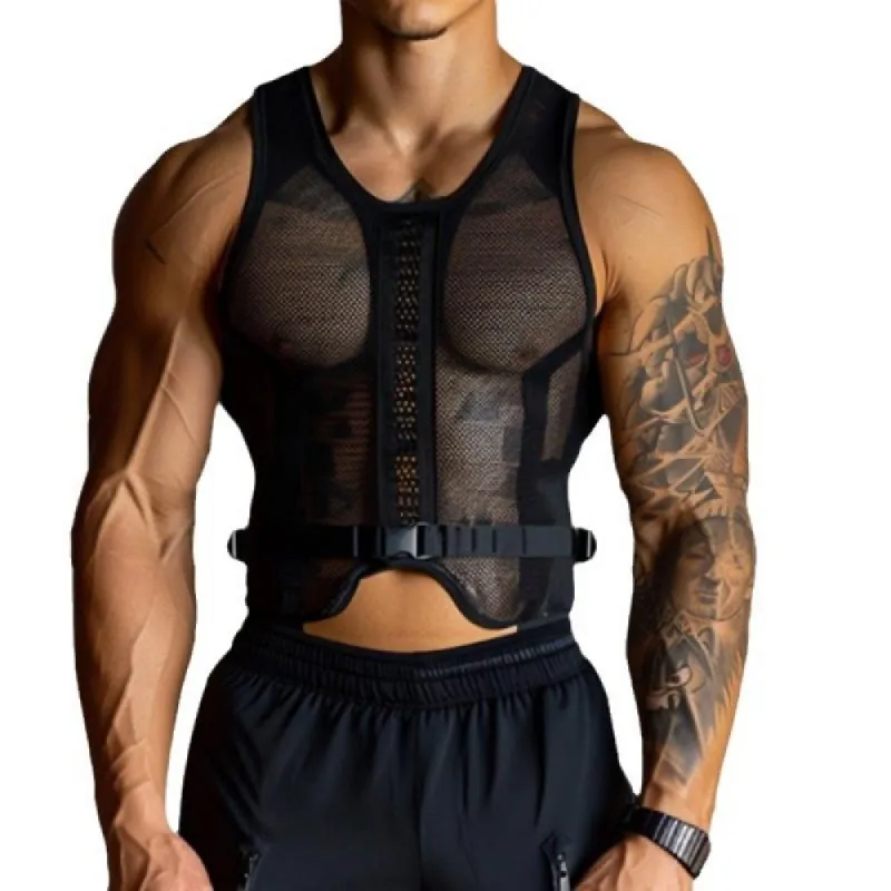 Men's Sexy Transparent Hollow Mesh Sports Short Tank Top 78133318M sold by Manly