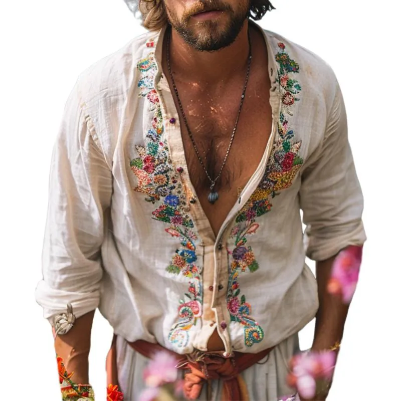 【24-hour shipping out】Men's Casual Vintage Embroidered Long Sleeve Shirt 42024025TO sold by Manly