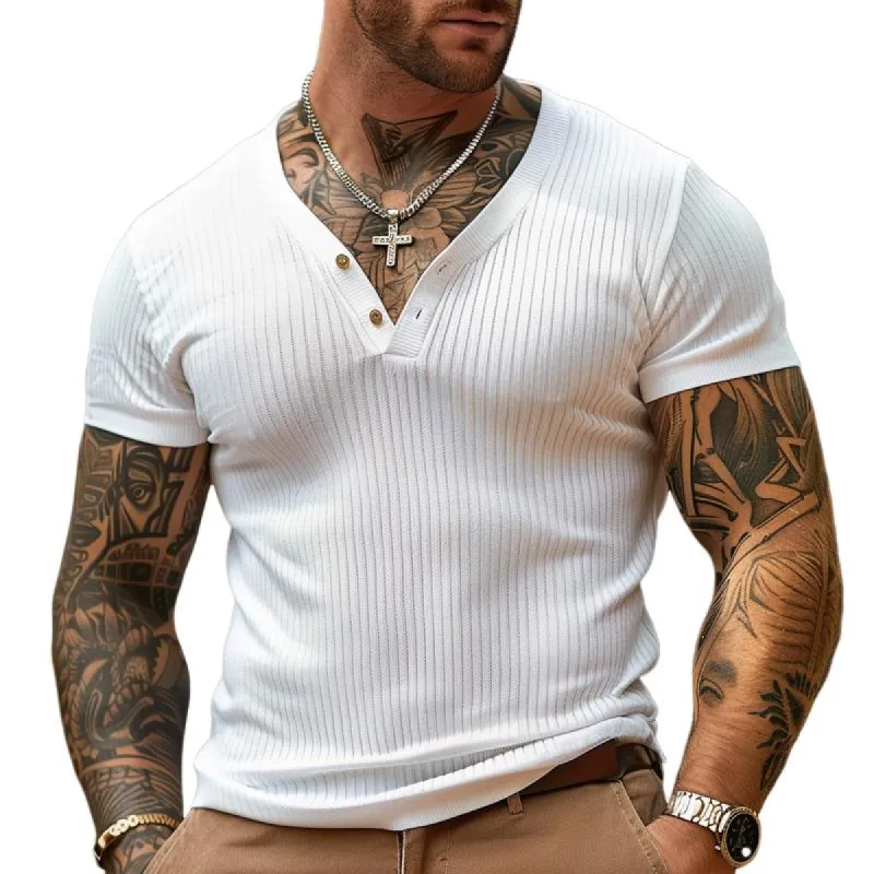 Men's Fashion Solid Striped V Neck Short Sleeve T-shirt 06836473Z sold by Manly