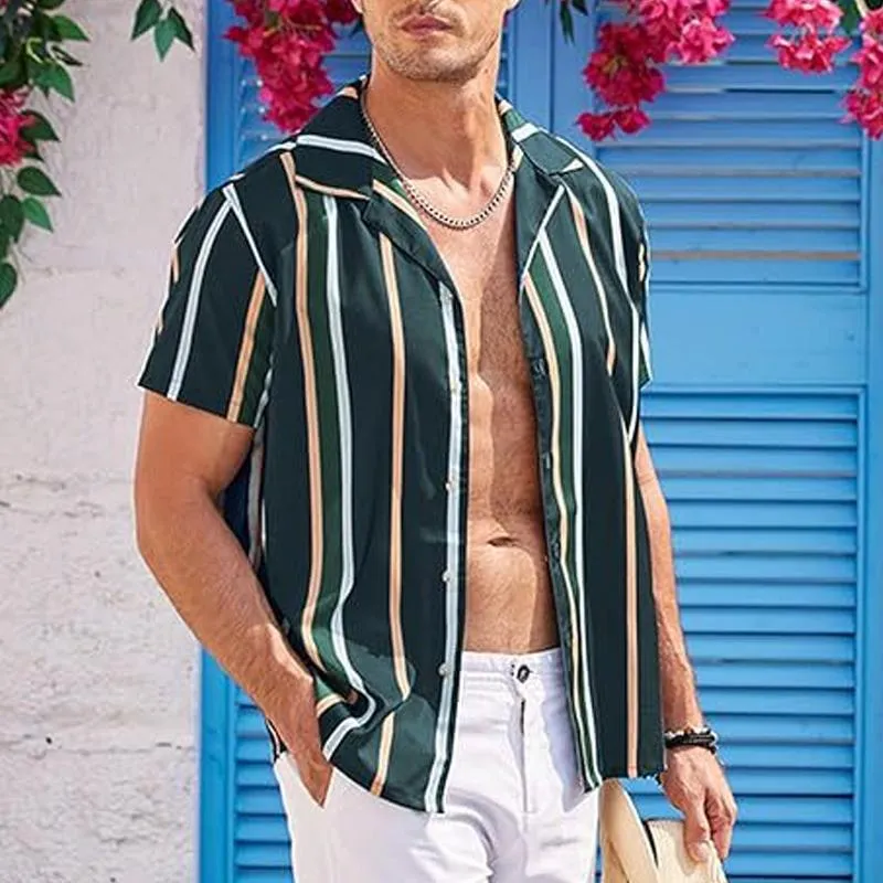 Men's Striped Lapel Short Sleeve Beach Shirt 46259499Z sold by Manly product image thumbnail 3