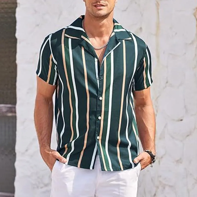 Men's Striped Lapel Short Sleeve Beach Shirt 46259499Z sold by Manly product image thumbnail 2