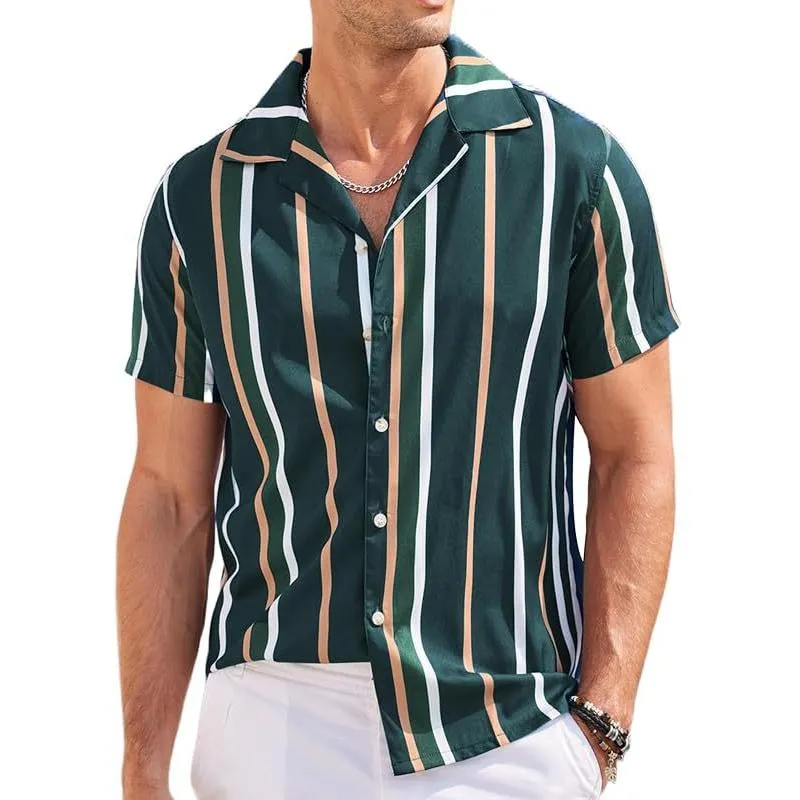 Men's Striped Lapel Short Sleeve Beach Shirt 46259499Z sold by Manly