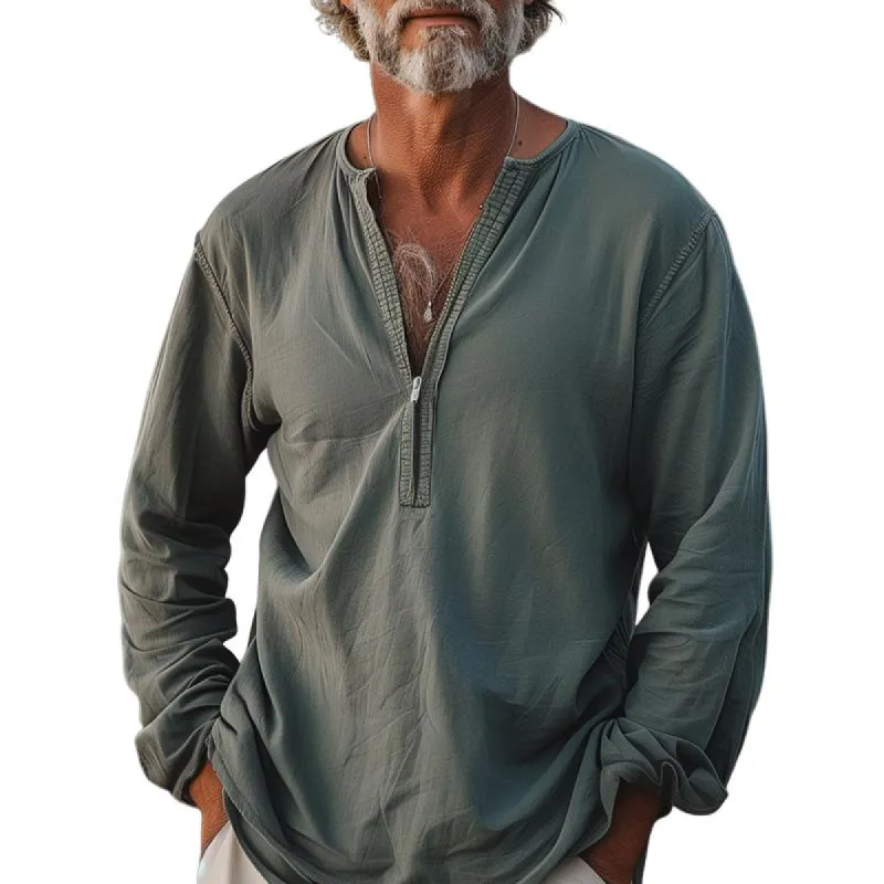 Men's Solid Color Zip V Neck Long Sleeve Shirt 21518593Z sold by Manly